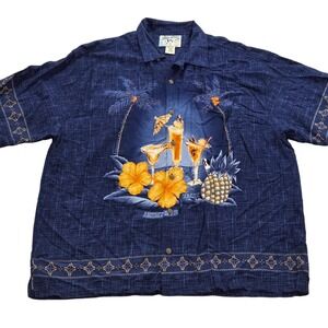 Big Dogs Mens Hawaiian Shirt Blue Tropical Drink Paradise Rayon Button Up Mens L
